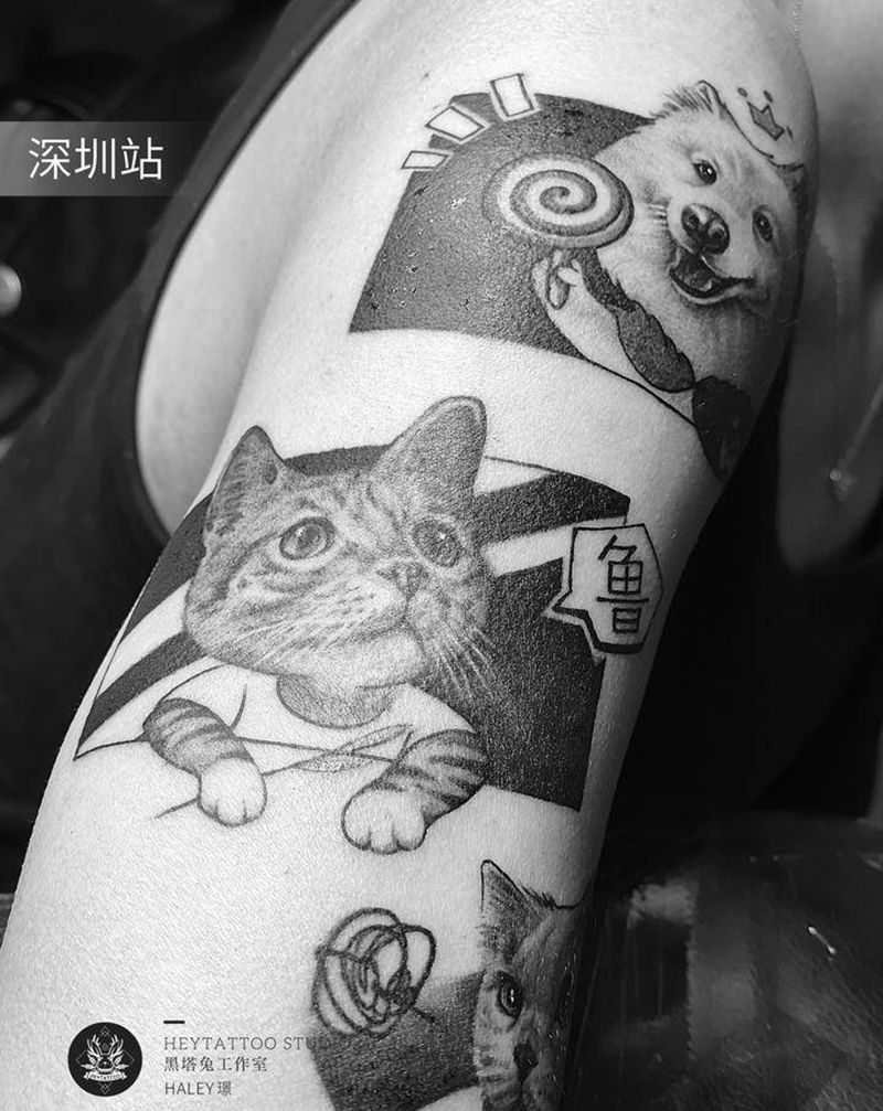 [遮盖]三只小可爱纹身图片_手臂猫狗纹身图案