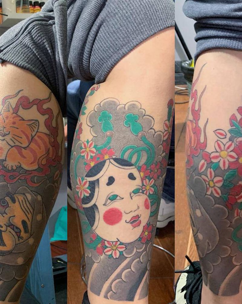 日式小腿纹身图片_腿部老传统纹身图案