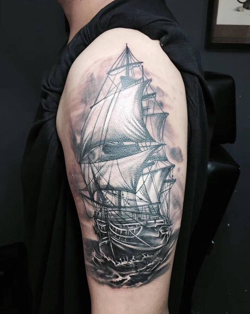 帆船纹身图片_手臂纹身图案