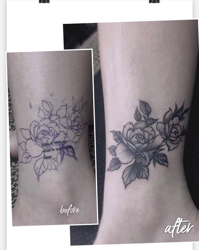 素花遮盖纹身图片_腿部纹身图案