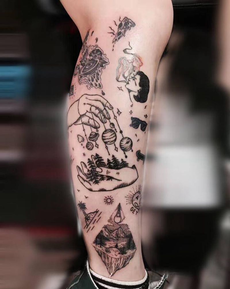 图案拼接纹身图片_腿部纹身图案