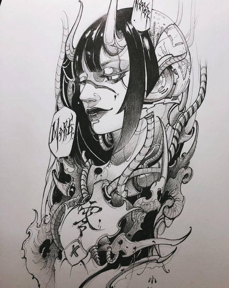漫风生物机械人物手稿纹身图片_手臂腿部纹身图案