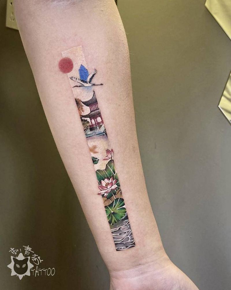 微景观.园林纹身图片_手部手臂水彩水墨山水鹤莲花纹身图案