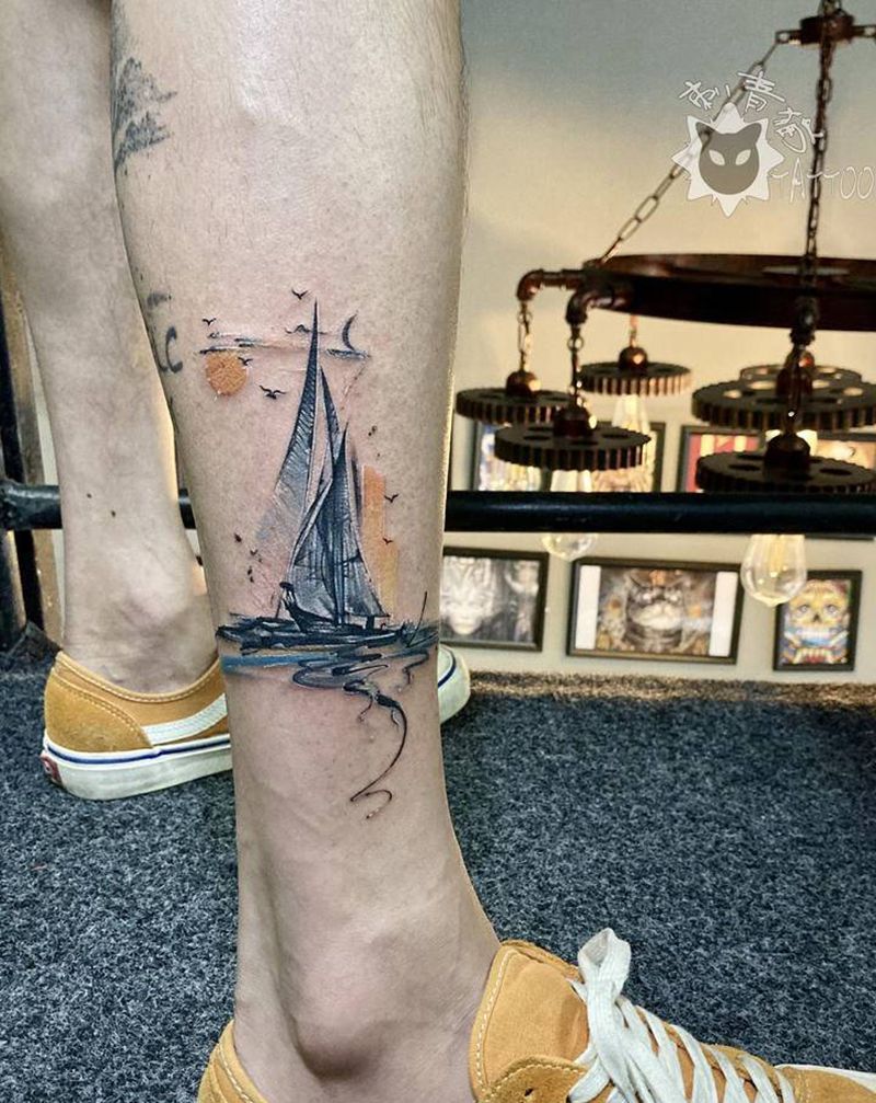小帆船纹身图片_腿部脚部点刺New School帆船纹身图案