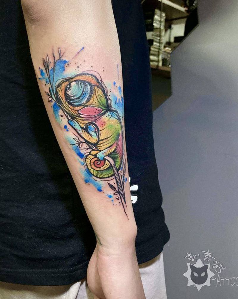 变色龙纹身图片_手部手臂水彩New School变色龙纹身图案