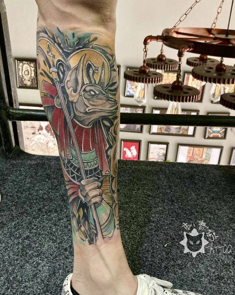 阿努比斯.纹身图片_脚部腿部New School阿努比斯埃及法老胡狼神纹身图案