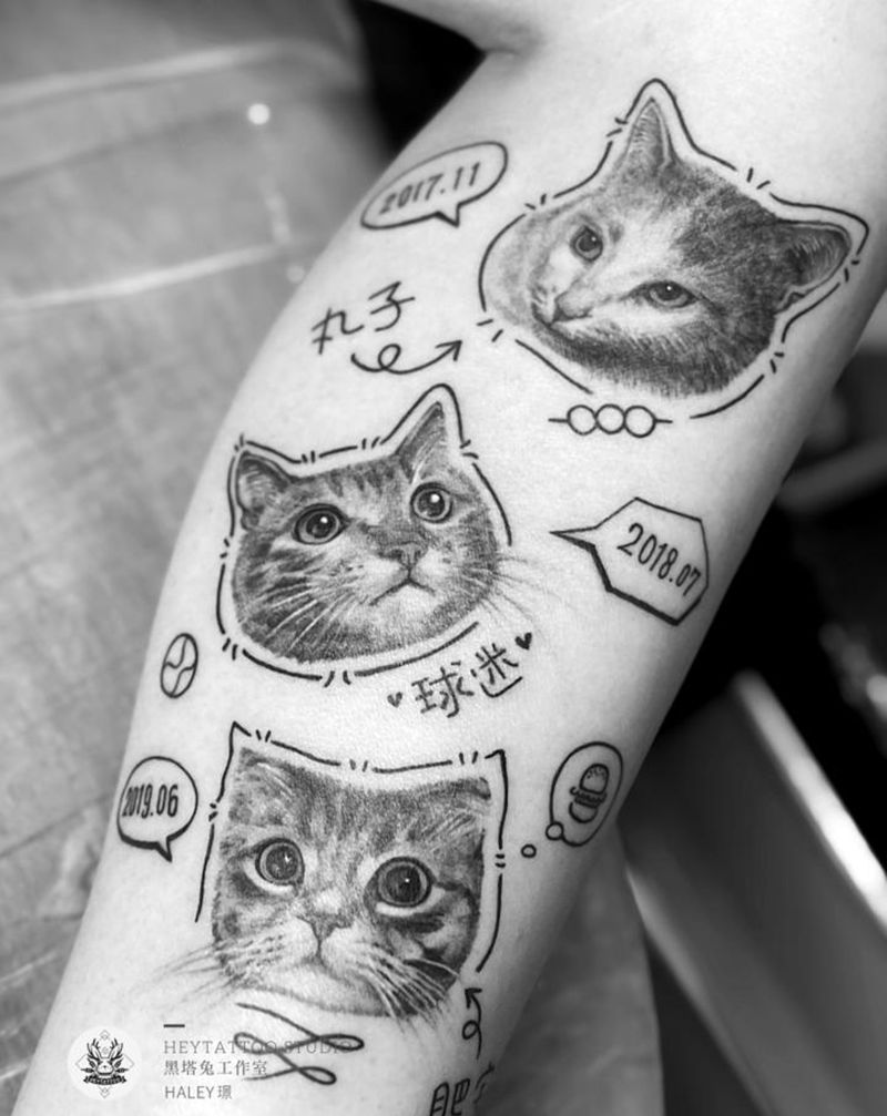 三只喵纹身图片_腿部点刺纹身图案