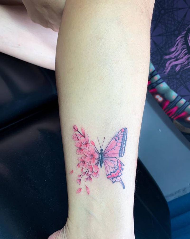 蝴蝶纹身图片_脚部新传统水彩纹身图案