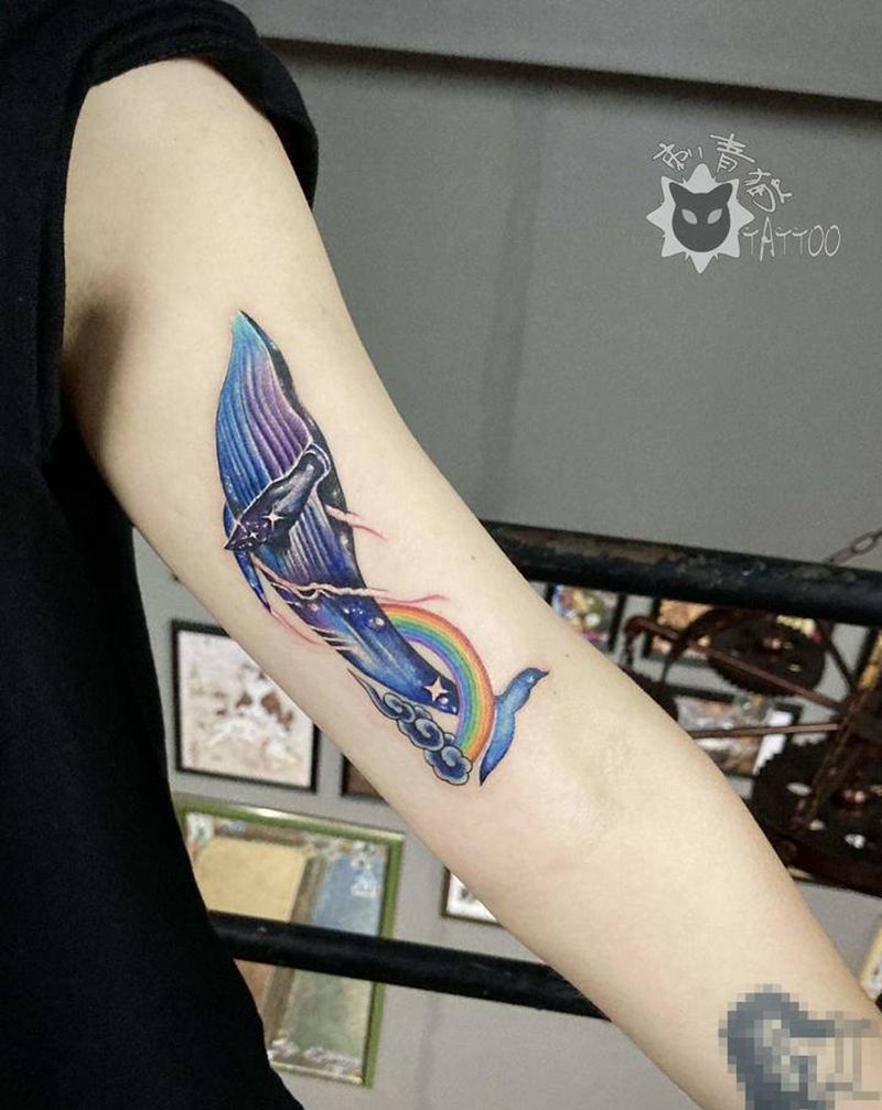 鲸鱼纹身图片_手部手臂New School水彩鲸鱼纹身图案