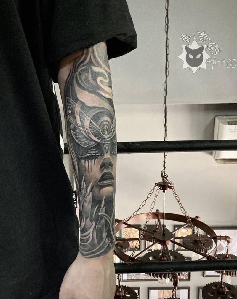 亡灵女巫纹身图片_手部手臂欧美写实女巫亡灵暗黑纹身图案