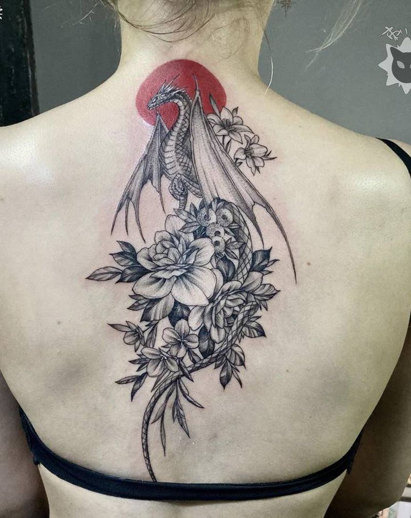 火龙.纹身图片_颈部背部点刺火龙玫瑰龙纹身图案