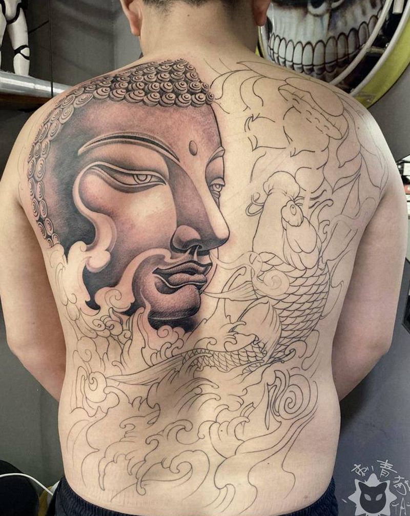 佛.锦鲤纹身图片_背部老传统新传统佛锦鲤如来纹身图案