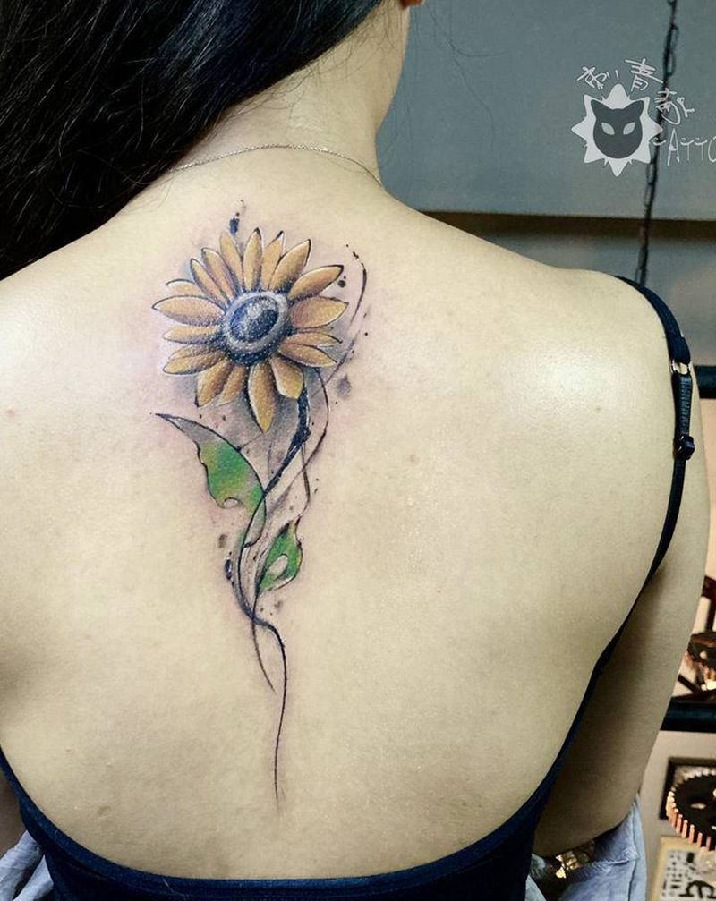 向日葵纹身图片_背部颈部水彩水墨向日葵纹身图案