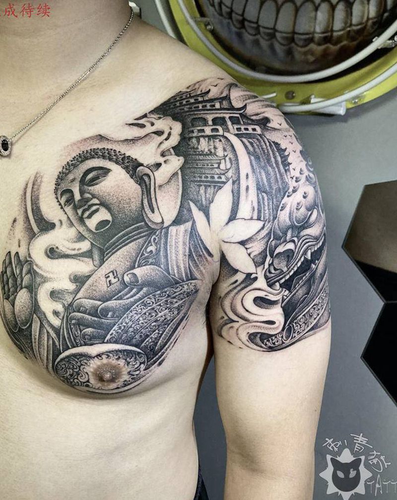 佛.唐狮.未完成待续纹身图片_肩部胸部新传统老传统佛唐狮子半胛纹身图案