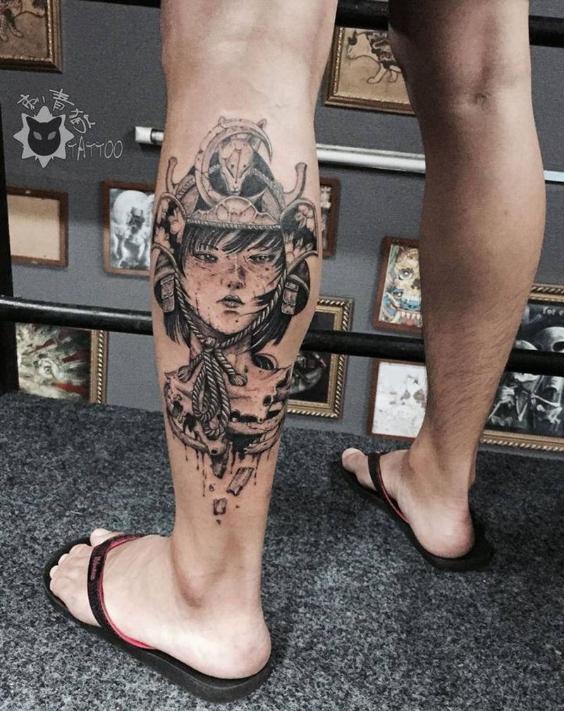 武士姬纹身图片_脚部腿部新传统点刺艺伎武士姬纹身图案