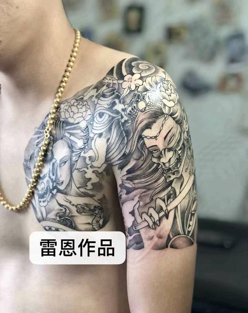 艺妓纹身图片_胸部手臂新传统纹身图案