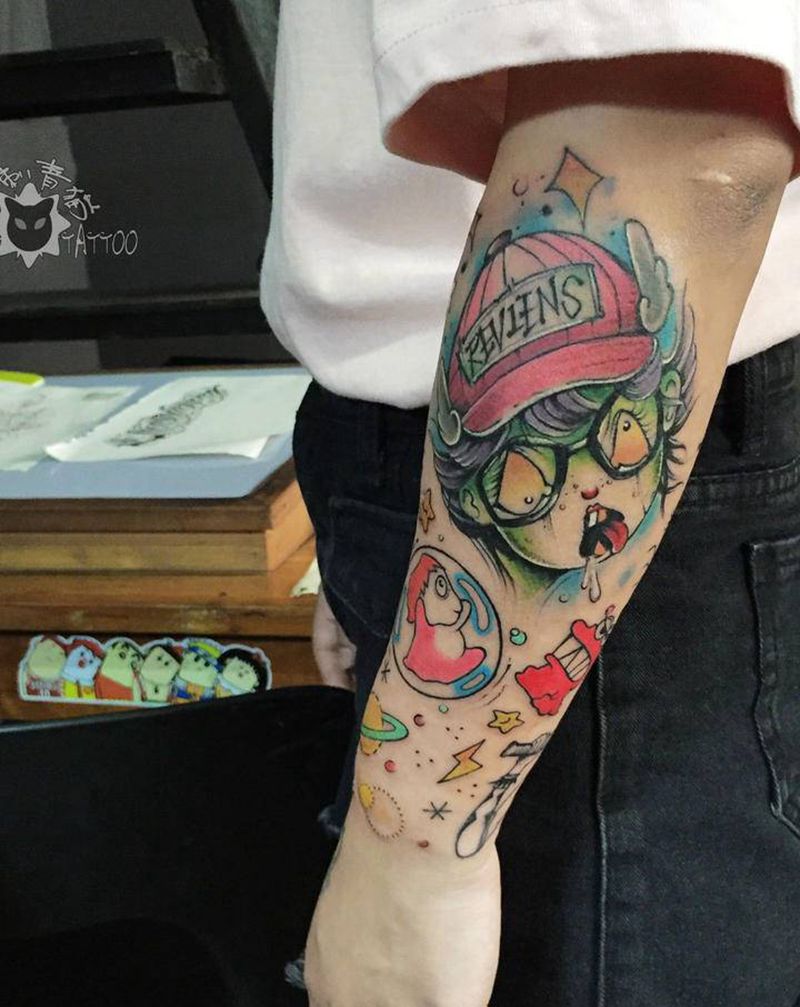 阿拉蕾卡通拼图纹身图片_手部手臂New SchoolOld School阿拉蕾波妞鳄鱼纹身图案