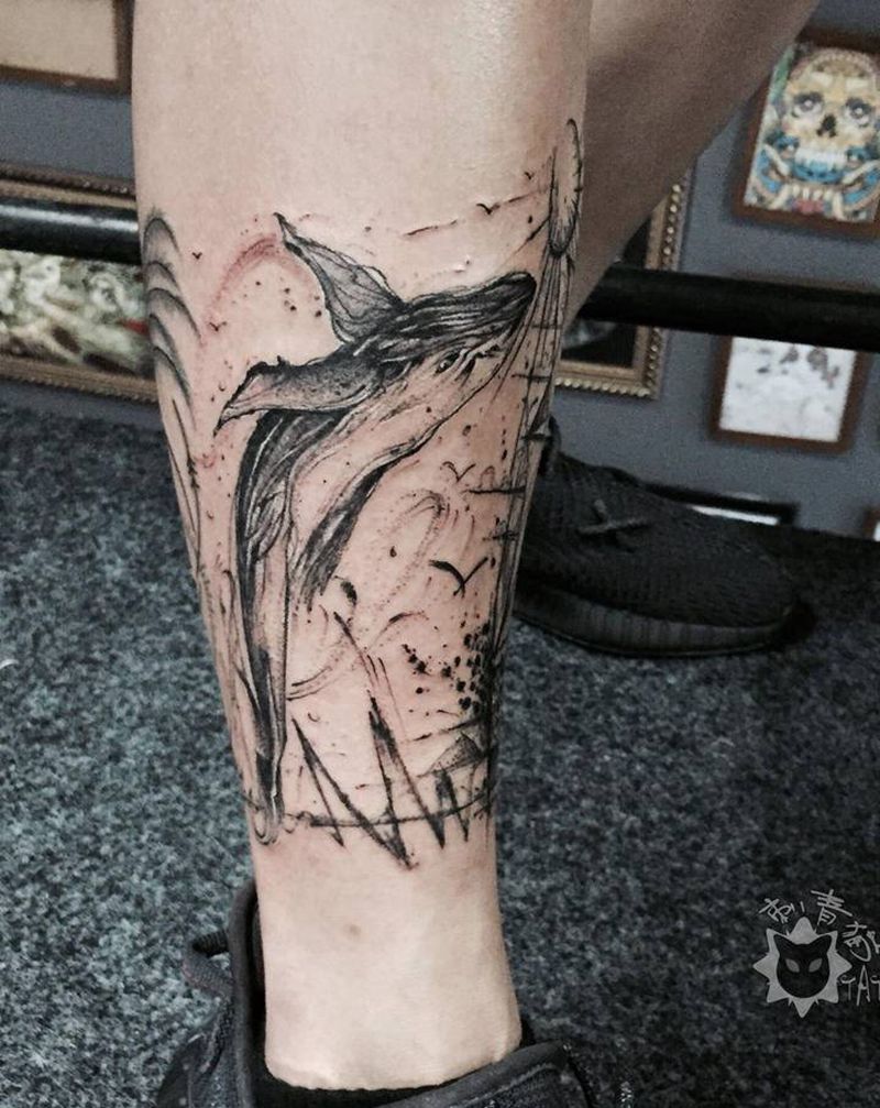 鲸鱼帆船纹身图片_脚部腿部点刺几何鲸鱼帆船纹身图案