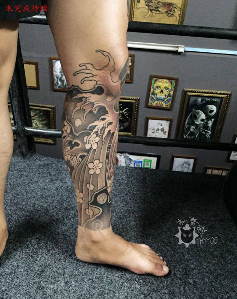 浪花未完成纹身图片_脚部腿部新传统老传统浪花纹身图案