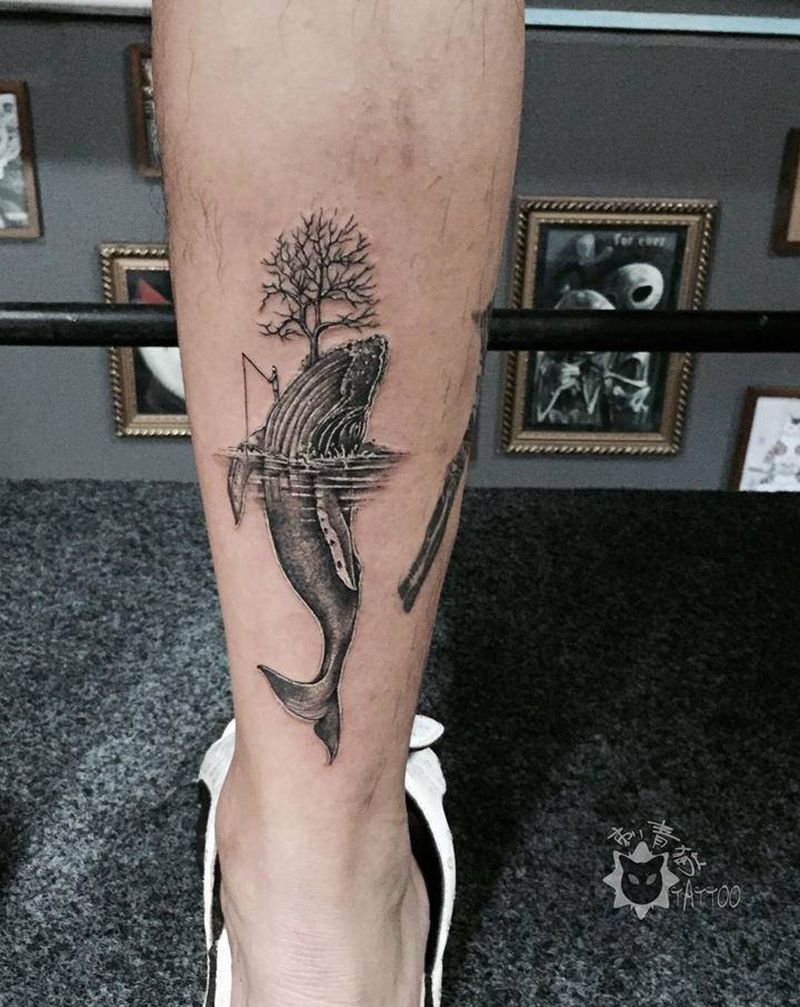 鲸鱼纹身图片_脚部腿部点刺New School鲸鱼纹身图案