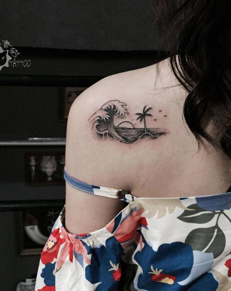 山海纹身图片_手部手臂点刺几何山海山海浪纹身图案