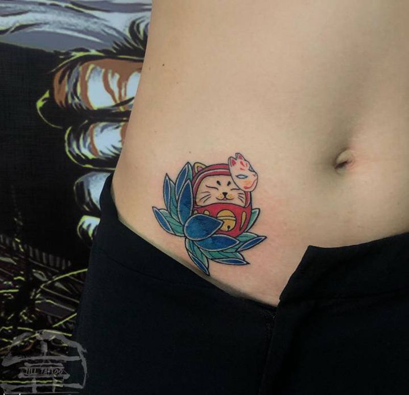 达摩遮盖纹身图片_腹部纹身图案