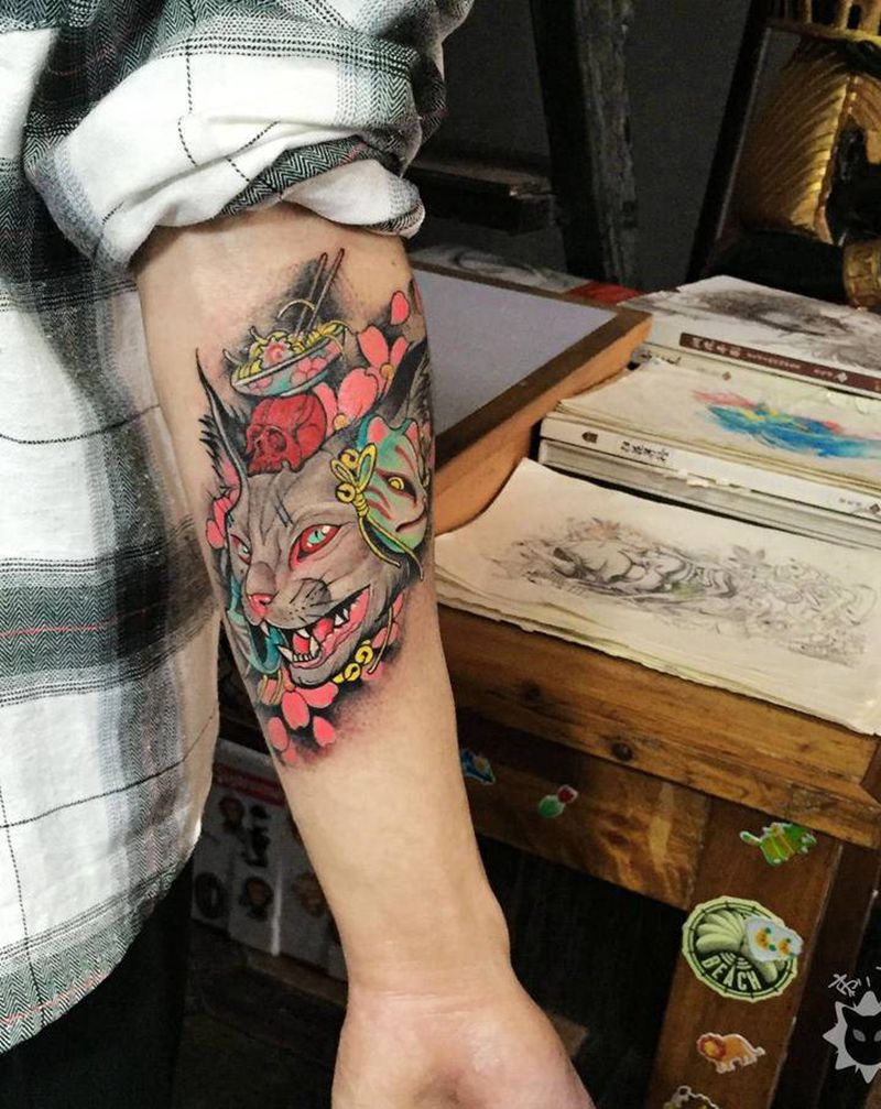 猫妖纹身图片_手部手臂新传统老传统猫咪面具纹身图案
