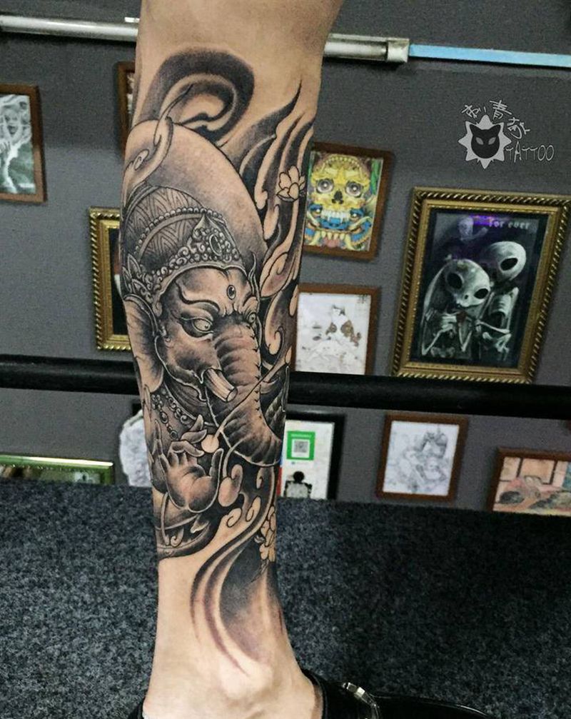 象神纹身图片_脚部腿部新传统老传统象神大象纹身图案