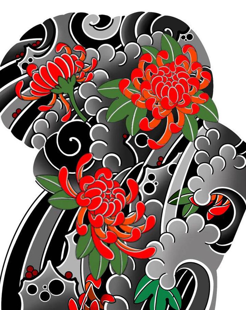 菊花老传统七分袖带胛纹身图片_手臂胸部老传统纹身图案