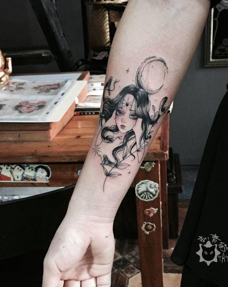 美杜莎纹身图片_手臂手部新传统水彩纹身图案