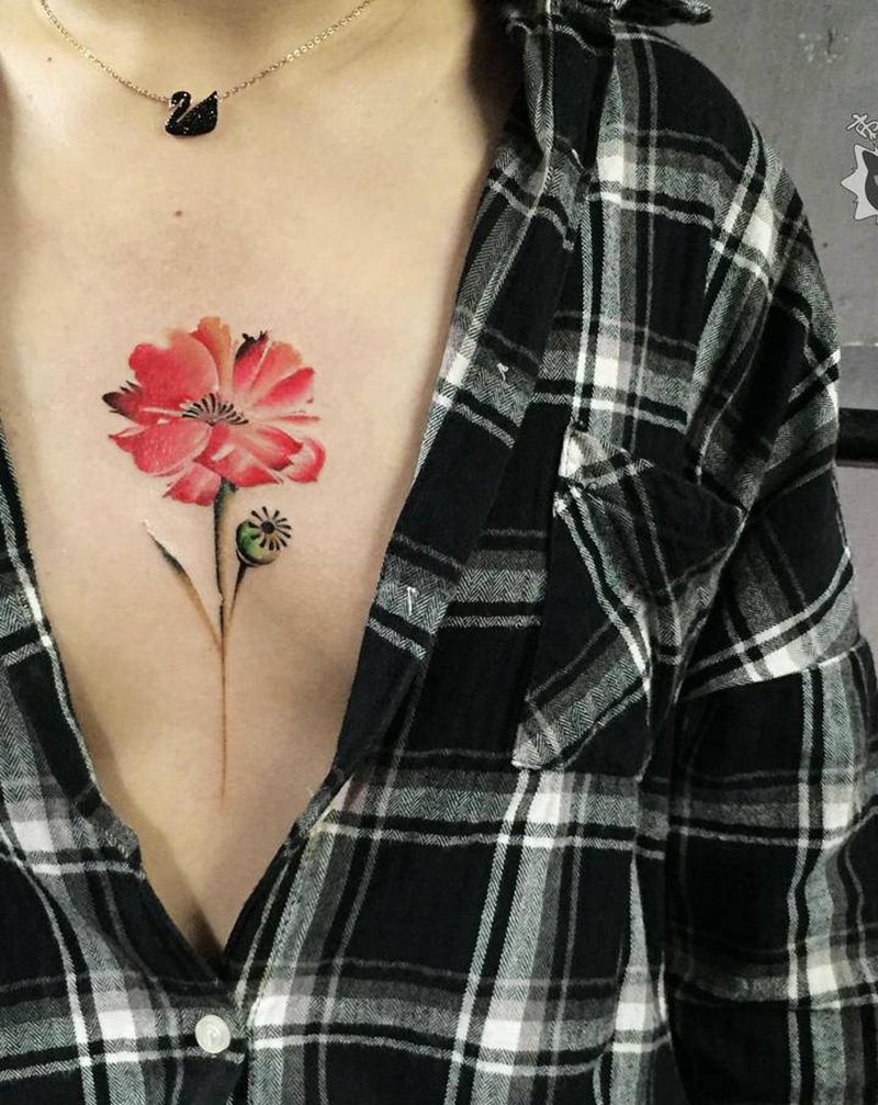 罂粟花纹身图片_胸部水彩New School罂粟花花朵纹身图案