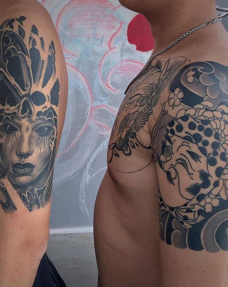 欧美日式两兄弟纹身图片_手臂老传统欧美写实纹身图案