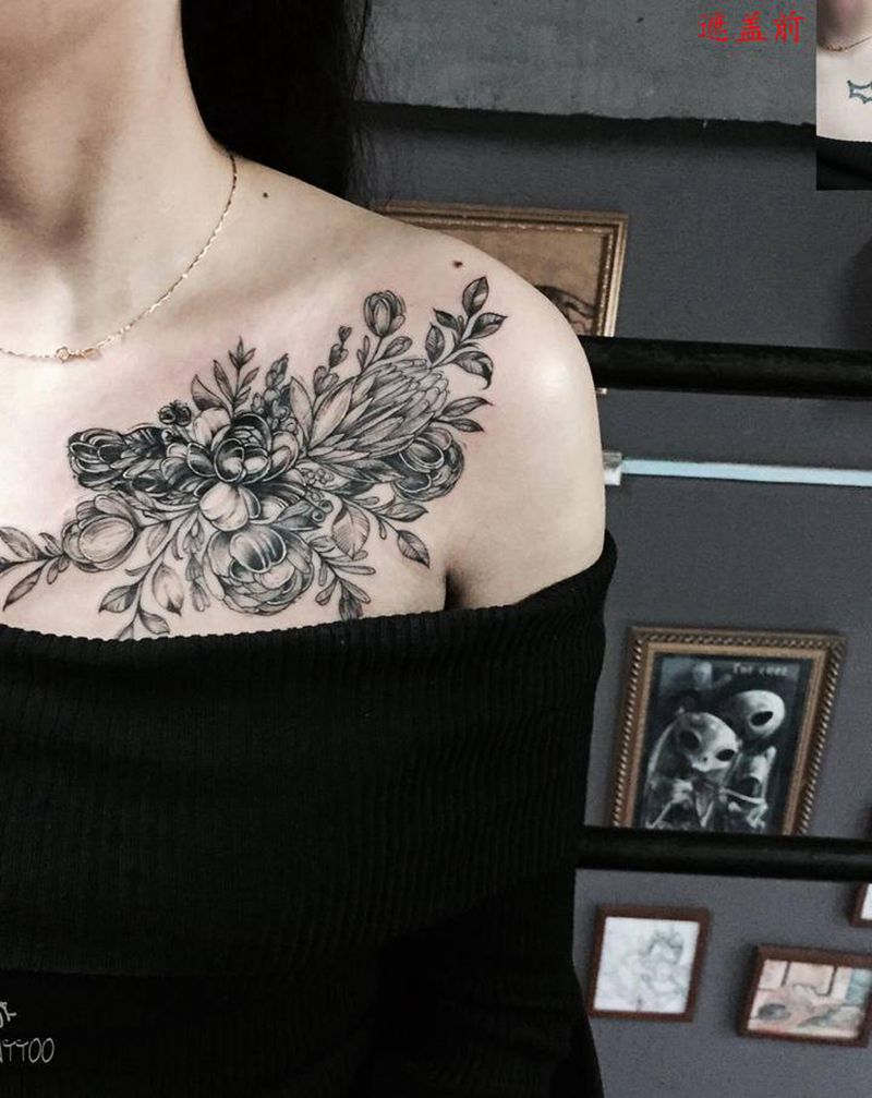 遮盖.花纹身图片_胸部肩部点刺New School花锁骨纹身图案