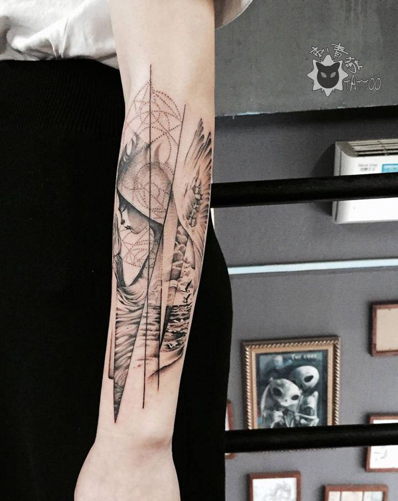 祈祷.天使纹身图片_手部手臂点刺几何天使海浪翅膀纹身图案