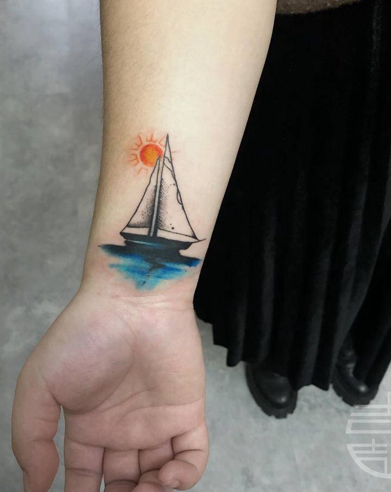 帆船遮盖纹身图片_手部水彩纹身图案