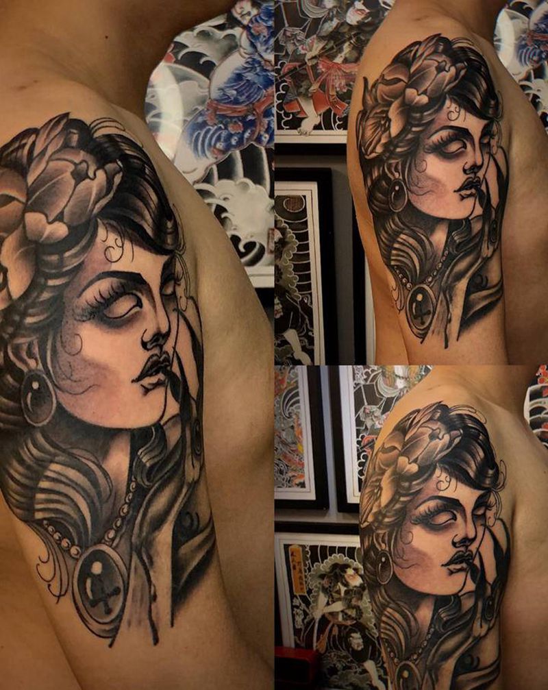 暗黑女纹身图片_手臂欧美写实纹身图案