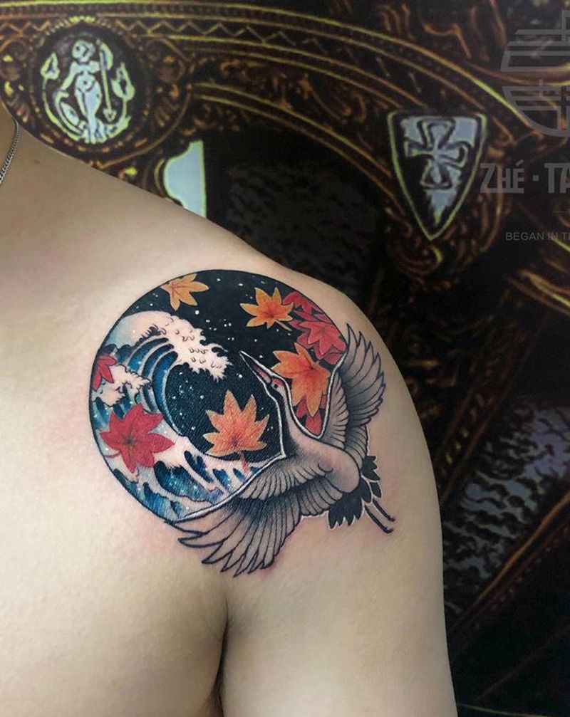 日式 鹤纹身图片_肩部纹身图案