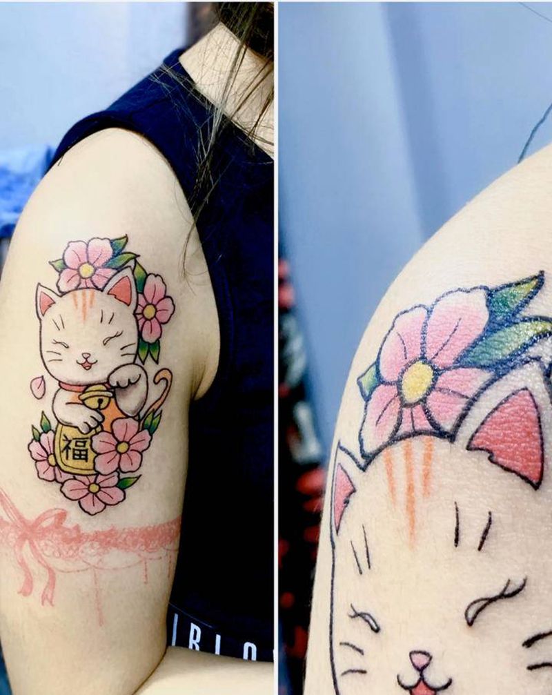 【可爱招财猫】纹身图片_手臂手部水彩Old School纹身图案
