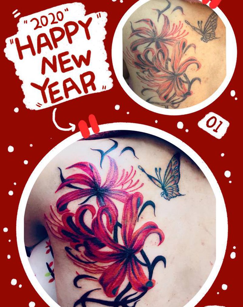 修改彼岸花纹身图片_背部水彩纹身图案