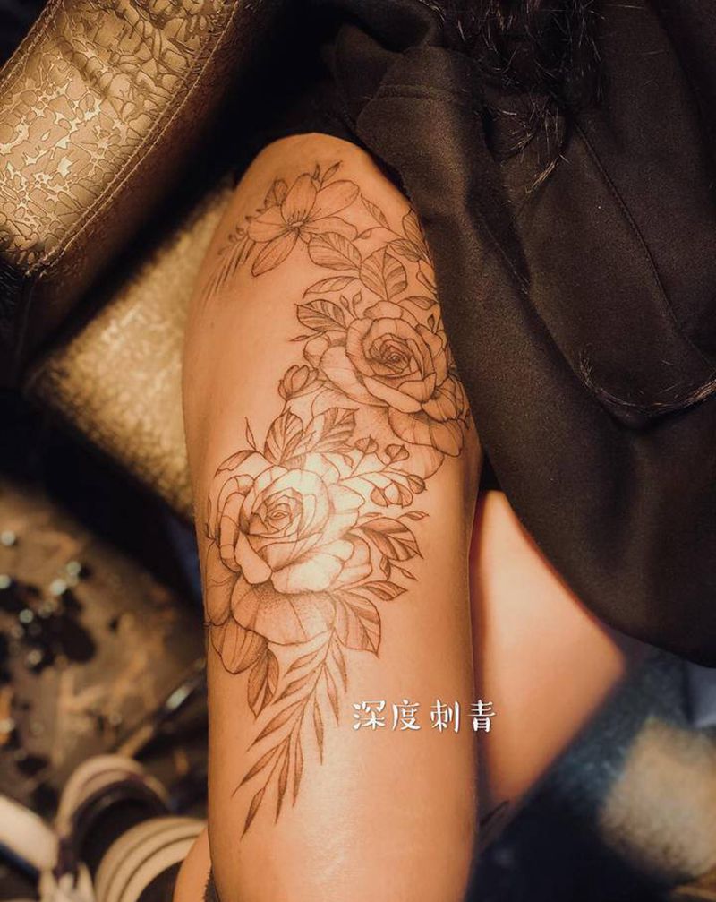 花腿纹身图片_腿部欧美写实纹身图案