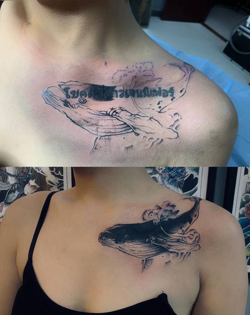 修改遮盖纹身图片_肩部胸部水墨点刺纹身图案