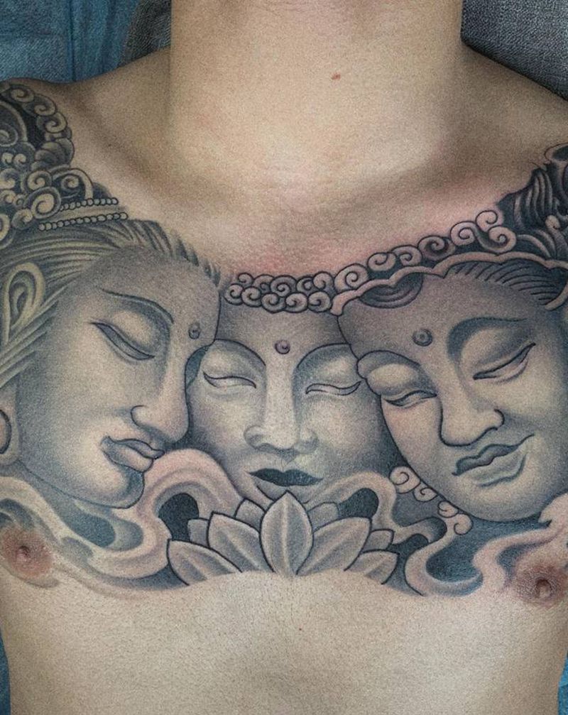 修改三面佛纹身图片_胸部新传统纹身图案