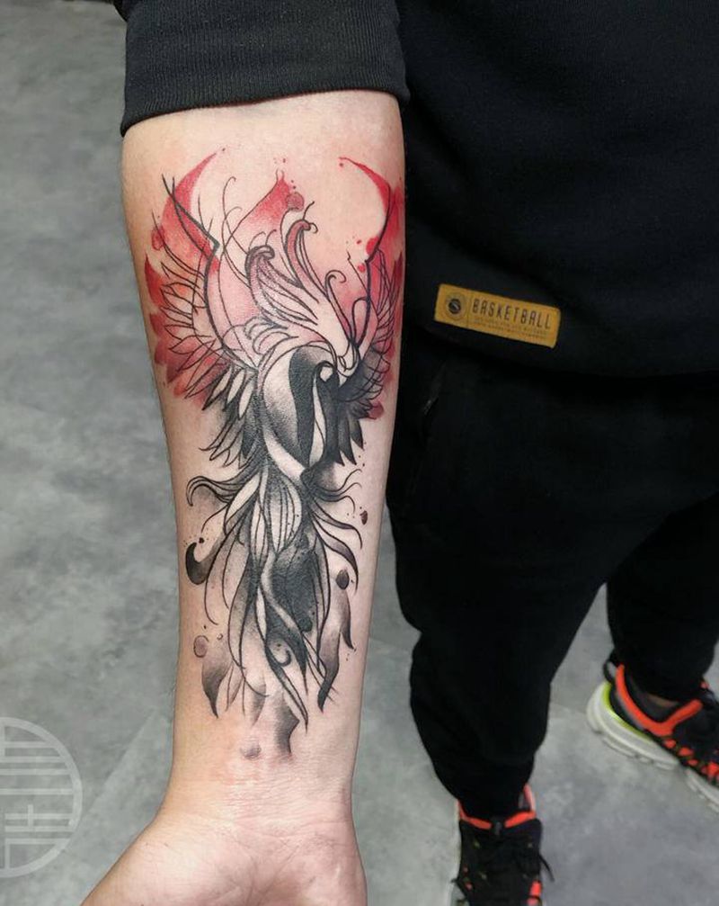 水彩凤凰遮盖纹身图片_手部水彩纹身图案