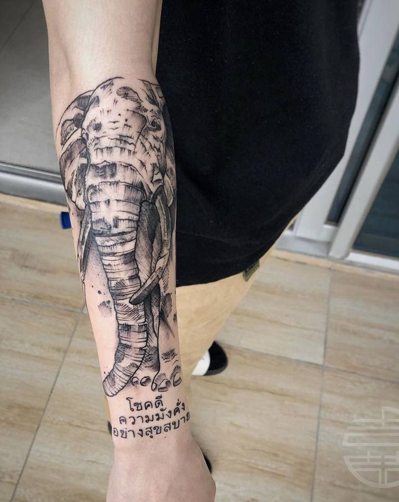 线条大象遮盖纹身图片_手部手臂纹身图案