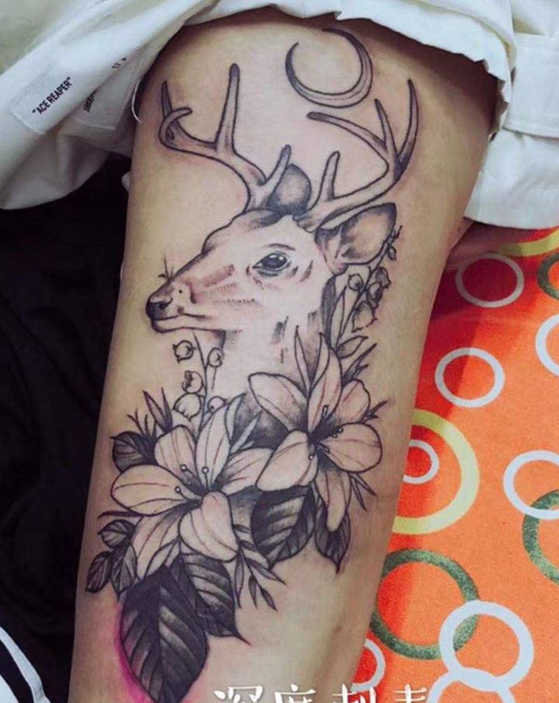 鹿与百合花纹身图片_腿部New School纹身图案