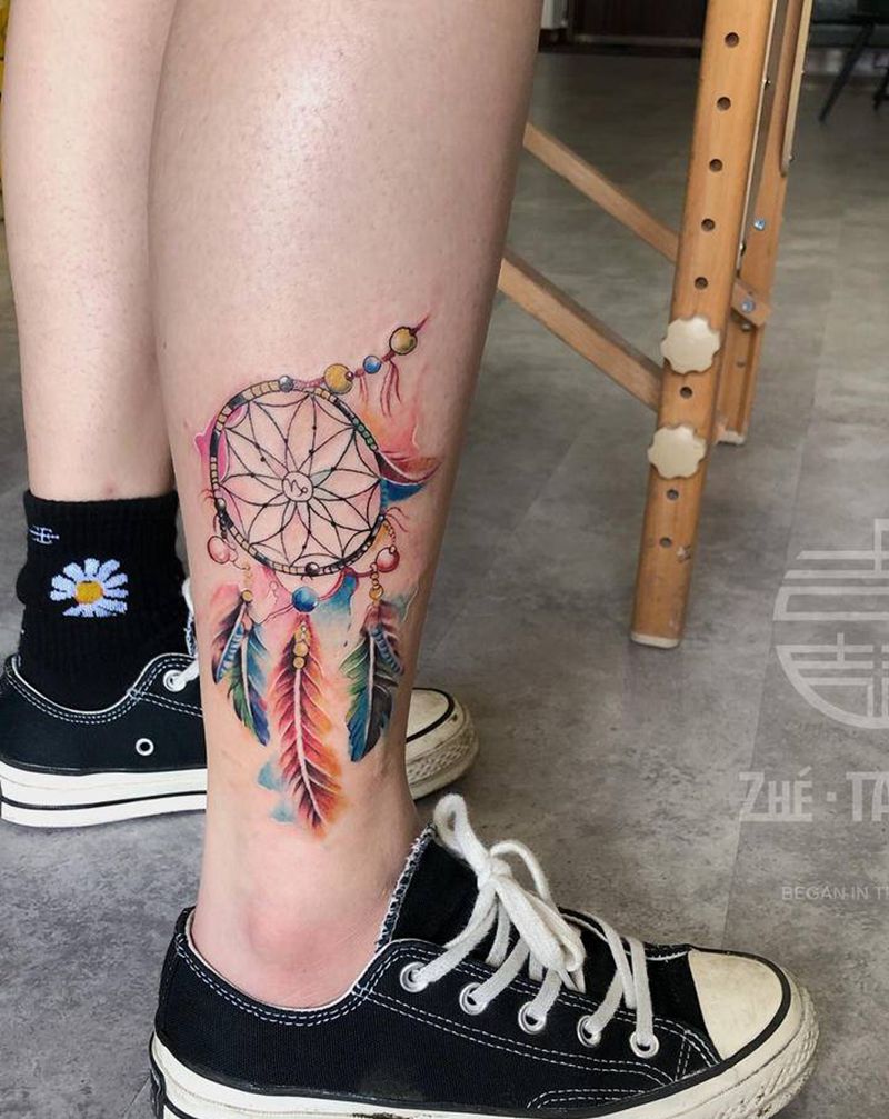 水彩捕梦网纹身图片_腿部水彩纹身图案