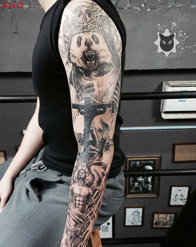 熊猫战士.天使纹身图片_手臂手部欧美写实New School花臂天使熊猫纹身图案