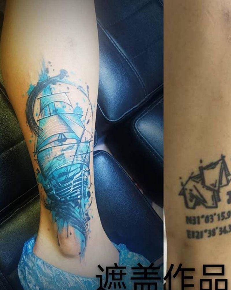 一帆风顺纹身图片_脚部水彩水墨纹身图案