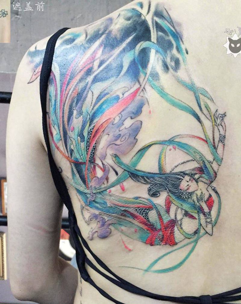 遮盖.飞仙纹身图片_肩部背部水彩新传统纹身图案