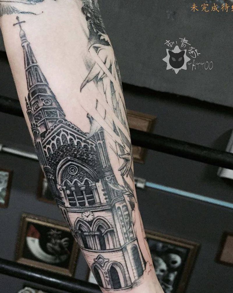教堂纹身图片_手部手臂欧美写实教堂纹身图案